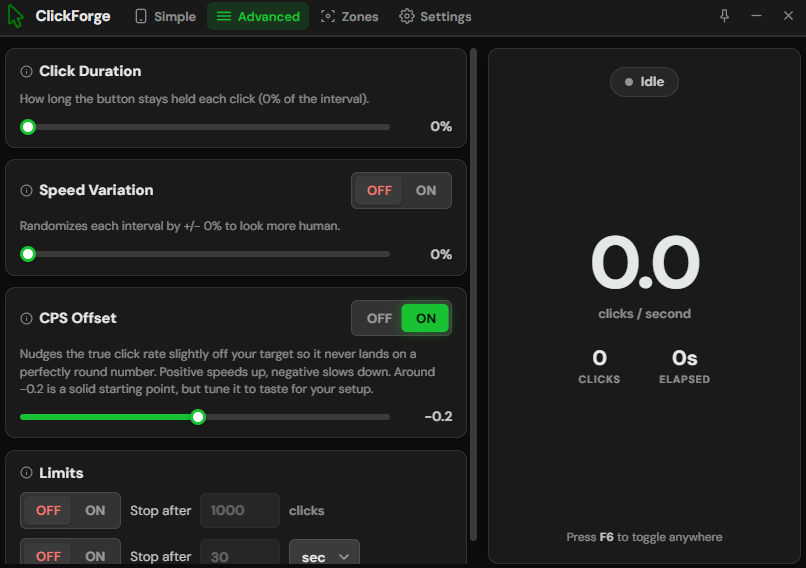 ClickForge Advanced tab