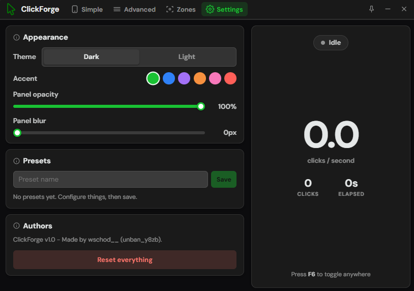 ClickForge Settings tab